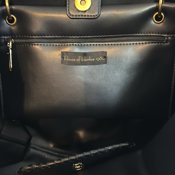 House of Harlow 1960 Black Tote Handbag with Textured Fabric and Gold Accents - Picture 2 of 3